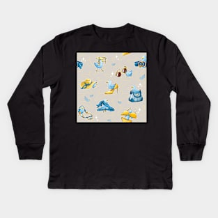 Fashion Bird Pattern - Blue & Gold Kids Long Sleeve T-Shirt